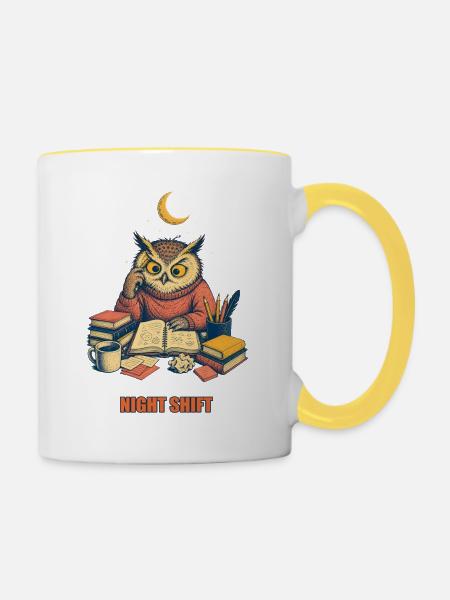 Night Shift Owl – Eule Nachtschicht - Tasse zweifarbig - Weiß/Gelb