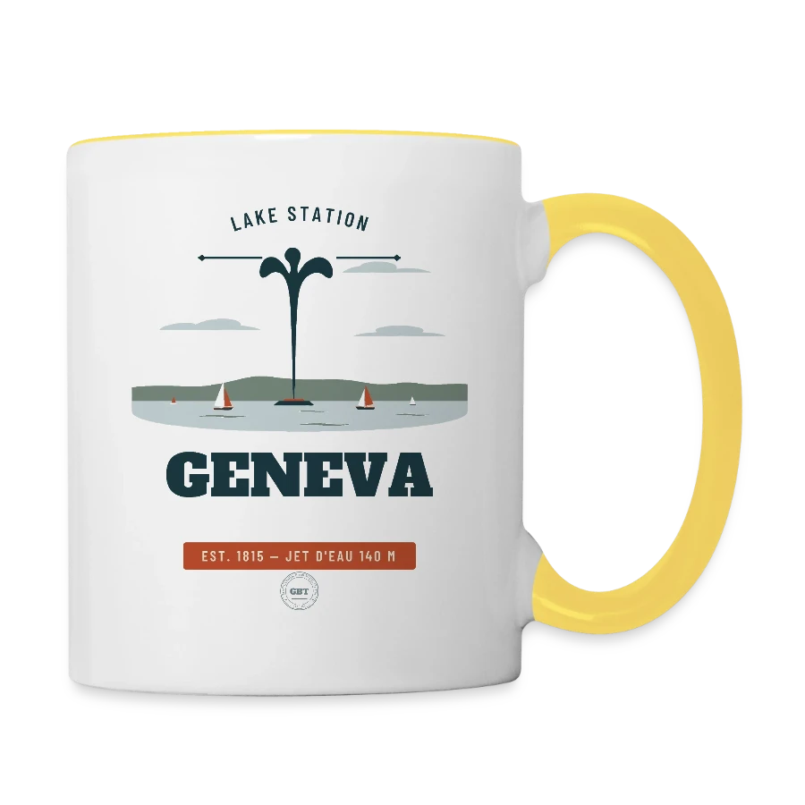 Geneva badge on a contrasting mug, white/yellow