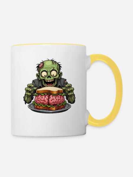 Zombie mit Gehirn Sandwich - Tasse zweifarbig - Weiß/Gelb