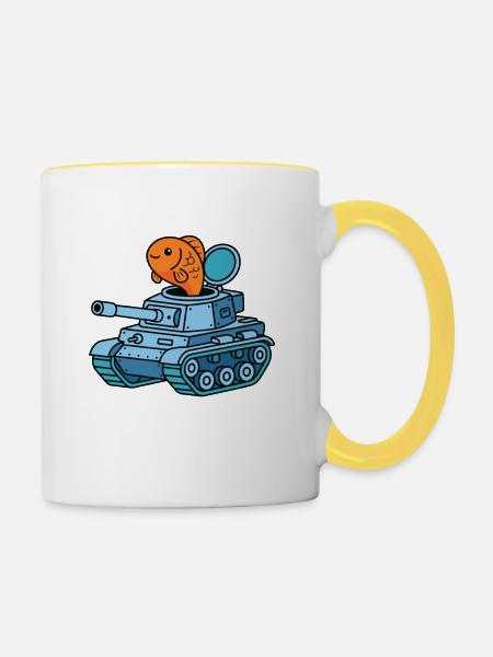 Fisch im Panzer Cartoon - Tasse zweifarbig - Weiß/Gelb