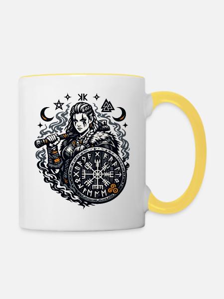 Viking Kämpfer mit Runen Schild - Tasse zweifarbig - Weiß/Gelb