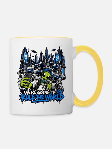 Alien-Invasion dominiert die Welt - Tasse zweifarbig - Weiß/Gelb