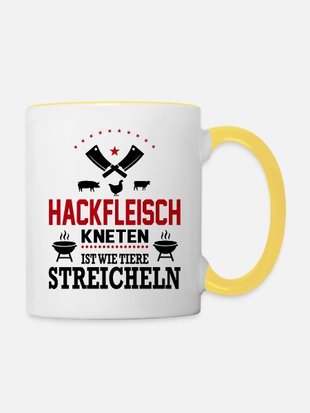 Hackfleisch kneten Tiere streicheln Grillsprüche - Tasse zweifarbig - Weiß/Gelb