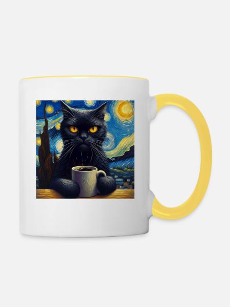 Schwarze Katze Starry Night - Tasse zweifarbig - Weiß/Gelb