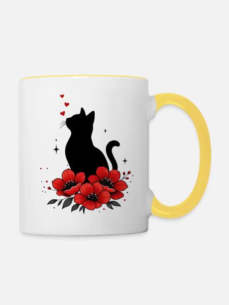Schwarze Katze & Rote Mohnblume - Tasse zweifarbig - Weiß/Gelb