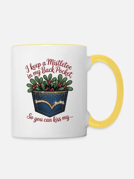 Taschen-Mistelzweig-Kuss - Tasse zweifarbig - Weiß/Gelb