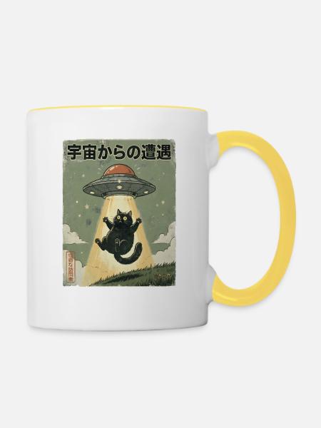 UFO Katze Begegnung im All - Tasse zweifarbig - Weiß/Gelb