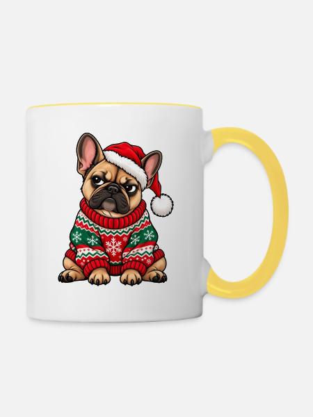 Weihnachten Bulldogge Frenchie Hund Geschenk - Tasse zweifarbig - Weiß/Gelb