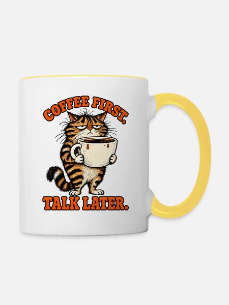 Erst Kaffee, später reden Katze - Tasse zweifarbig - Weiß/Gelb