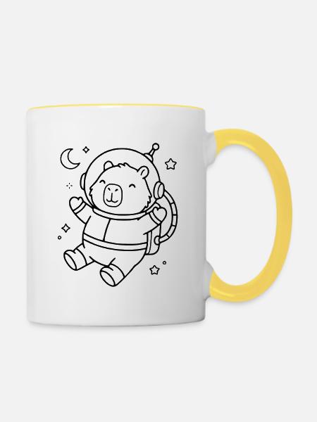 Niedliche Capybara-Astronauten-Umrisszeichnung Weltraumtier - Tasse zweifarbig - Weiß/Gelb