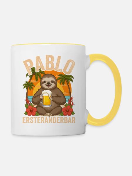 Pablo Ersteranderbar Faultier Bier Fun Motiv - Tasse zweifarbig - Weiß/Gelb