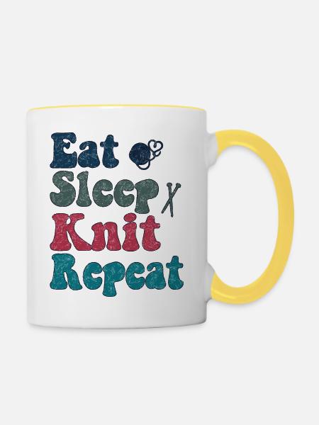 Stricken - Eat Sleep Knit Repeat - Tasse zweifarbig - Weiß/Gelb