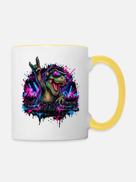 Techno Dinosaurier DJ mit Kopfhörern - Tasse zweifarbig - Weiß/Gelb
