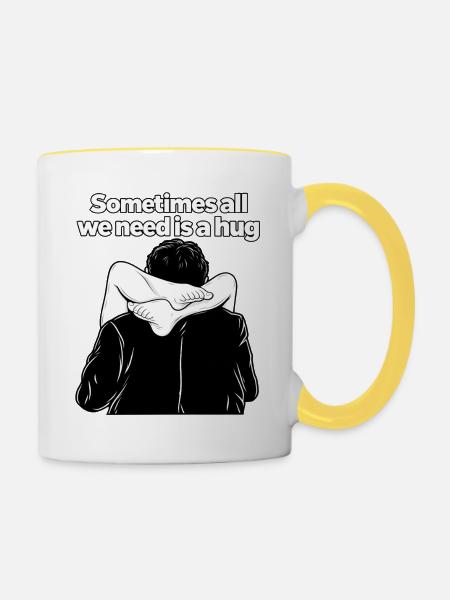 Umarmung in Schwarzweiß Illustration - Tasse zweifarbig - Weiß/Gelb