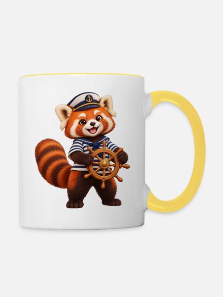 Sailor Red Panda mit Schiffsrad - Tasse zweifarbig - Weiß/Gelb
