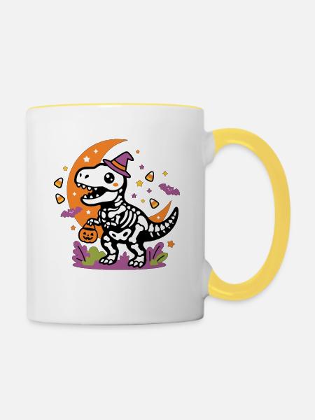 Skelett-Dinosaurier hält Kürbiskorb Halloween - Tasse zweifarbig - Weiß/Gelb