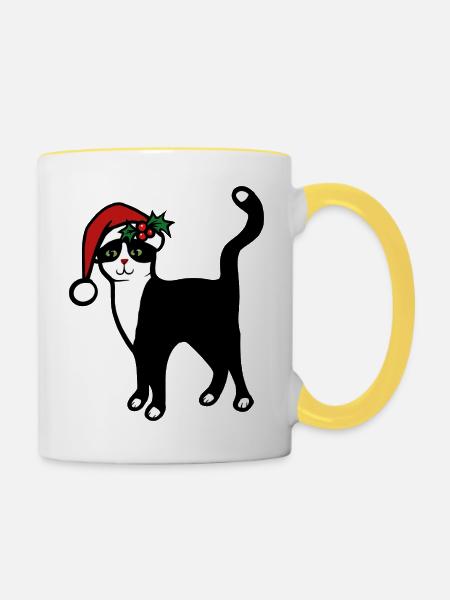 Weihnachtsmann-Katze mit Stechpalme - Tasse zweifarbig - Weiß/Gelb