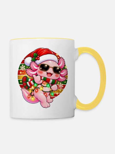 Kuscheliger Weihnachts-Dino mit Lichtern - Tasse zweifarbig - Weiß/Gelb