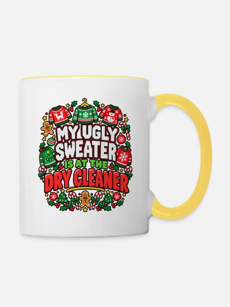 Hässlicher Pullover beim Trockenreiniger - Tasse zweifarbig - Weiß/Gelb