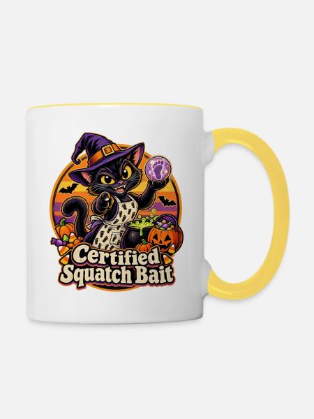 Halloween-Hexenkatze Certified Squatch Bait - Tasse zweifarbig - Weiß/Gelb