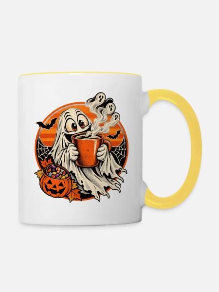 Geist mit Kürbiskaffee - Tasse zweifarbig - Weiß/Gelb