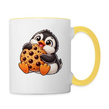Süßer Pinguin Cartoon mit Keks Nachtisch - Tasse zweifarbig - Weiß/Gelb - Rechts