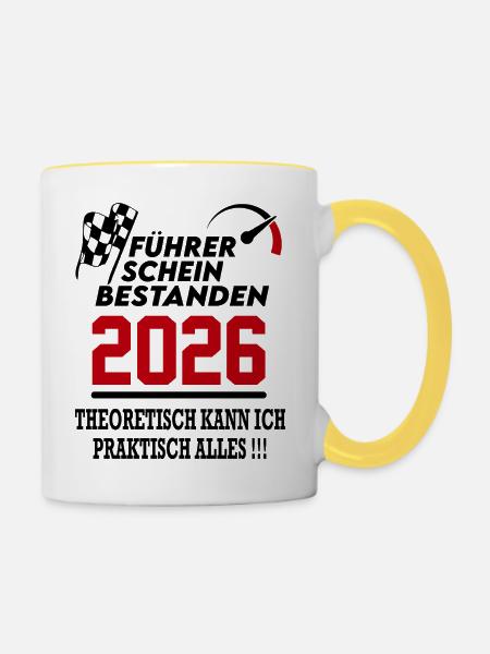 Führerschein bestanden 2026 Sprüche Fahrschule - Tasse zweifarbig - Weiß/Gelb