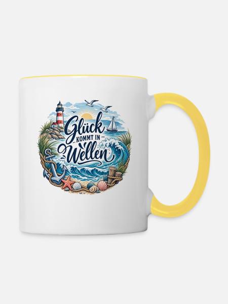 Glück kommt in Wellen - Tasse zweifarbig - Weiß/Gelb