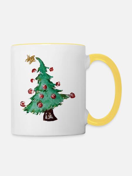 Aquarell-Weihnachtsbaum mit roten Ornamenten - Tasse zweifarbig - Weiß/Gelb
