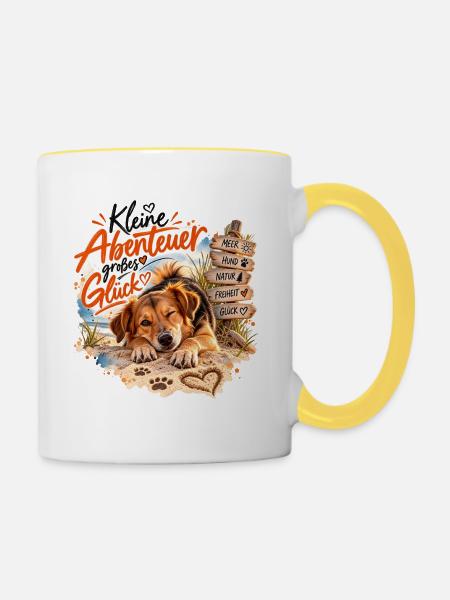 Kleine Abenteuer Großes Glück - Tasse zweifarbig - Weiß/Gelb