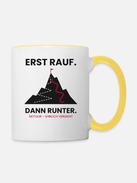 Erst rauf, dann runter | Skitour - Tasse zweifarbig - Weiß/Gelb