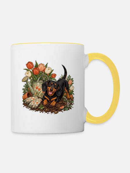 Garten-Dackel Tulpenliebe - Tasse zweifarbig - Weiß/Gelb