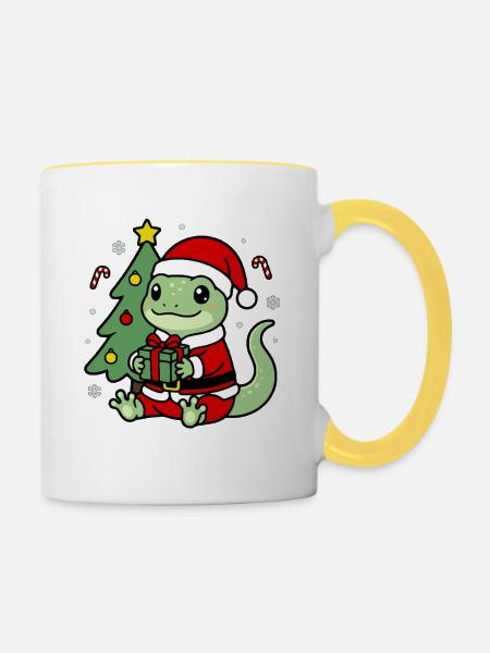 Süßes Kawaii Gecko-Weihnachtsbaum-Geschenketikett - Tasse zweifarbig - Weiß/Gelb