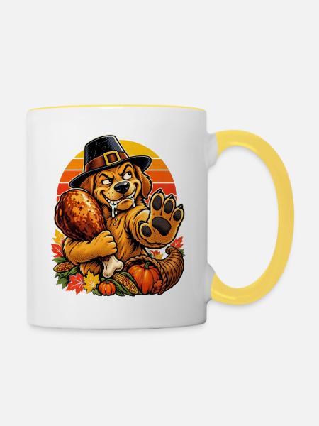 Thanksgiving Hund verteidigt Truthahn Retro - Tasse zweifarbig - Weiß/Gelb