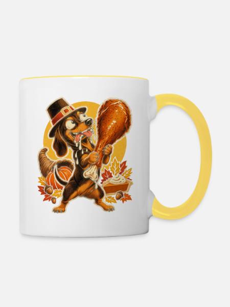 Thanksgiving Dackel mit Truthahn-Drumstick - Tasse zweifarbig - Weiß/Gelb