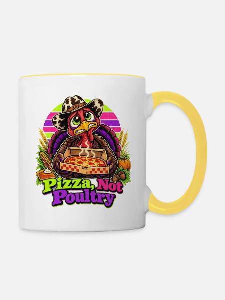 Thanksgiving-Truthahn mit Pizza-Cowboy-Spruch - Tasse zweifarbig - Weiß/Gelb