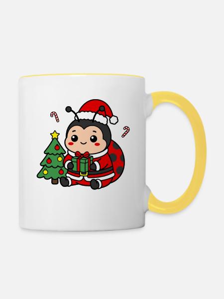 Süßes Kawaii-Weihnachts-Marienkäfer-Weihnachtsgeschenk - Tasse zweifarbig - Weiß/Gelb