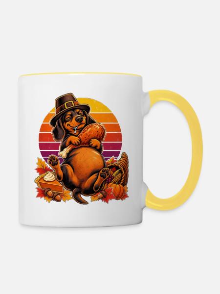 Thanksgiving Dackel satt im Truthahn-Traum - Tasse zweifarbig - Weiß/Gelb