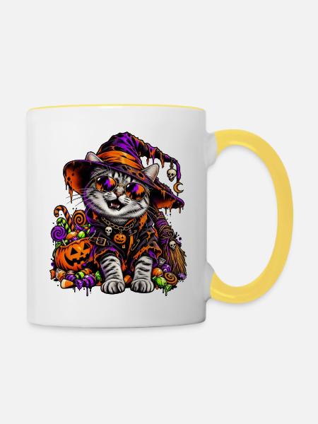 Bunte Halloween Hexenkatze mit Süßem - Tasse zweifarbig - Weiß/Gelb
