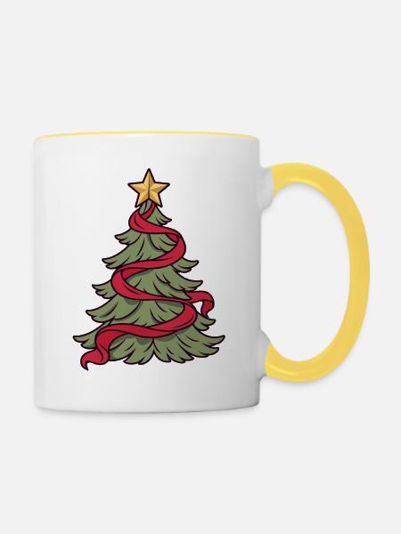 Weihnachtsbaum mit roter Band - Tasse zweifarbig - Weiß/Gelb