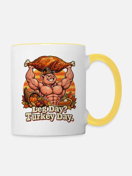 Thanksgiving Bodybuilder-Schwein Truthahn Spruch - Tasse zweifarbig - Weiß/Gelb