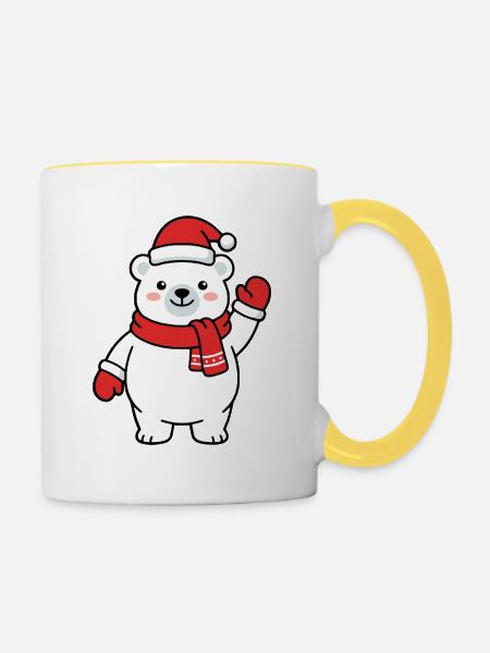 Niedlicher Kawaii-Eisbär winkt mit Weihnachtsmütze - Tasse zweifarbig - Weiß/Gelb