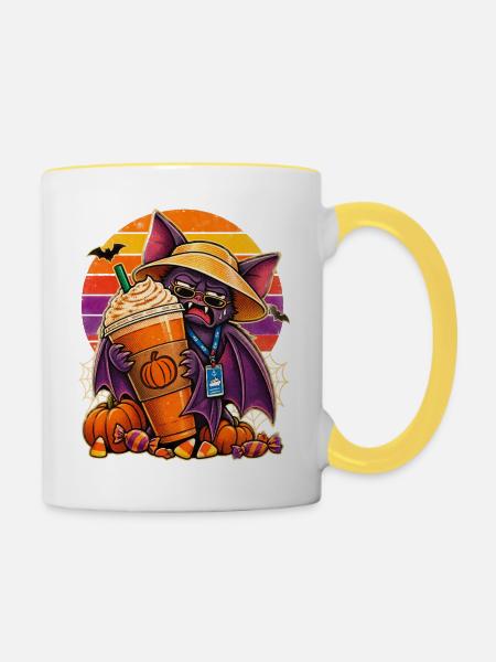 Halloween Kreuzfahrt Fledermaus mit Latte - Tasse zweifarbig - Weiß/Gelb
