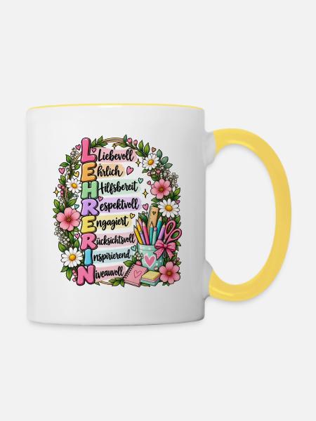 Lehrerin Definition Akrostichon Blumen Geschenk - Tasse zweifarbig - Weiß/Gelb