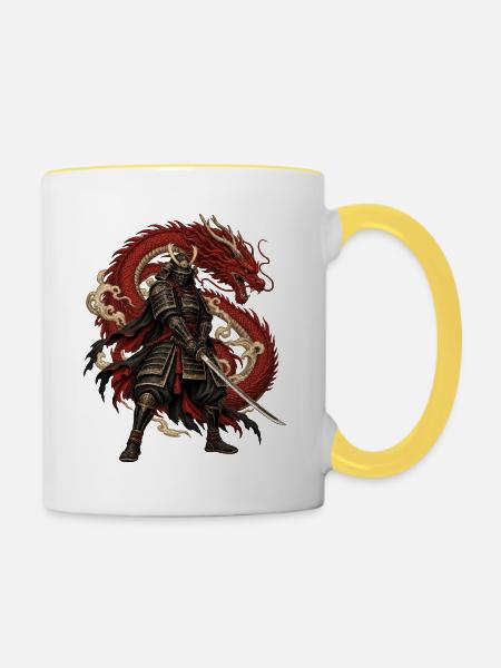 RobVibe Drachen-Samurai mit rotem Drachen - Tasse zweifarbig - Weiß/Gelb