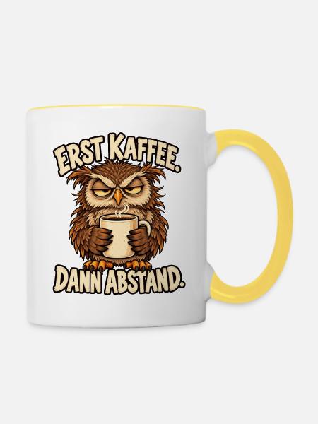 Morgenmuffel Eule mit Kaffee - Tasse zweifarbig - Weiß/Gelb