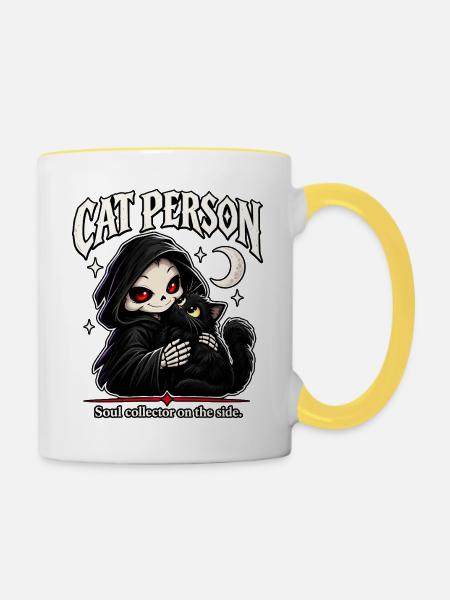 Katzenperson – Sensenmann mit Schwarzer Katze - Tasse zweifarbig - Weiß/Gelb