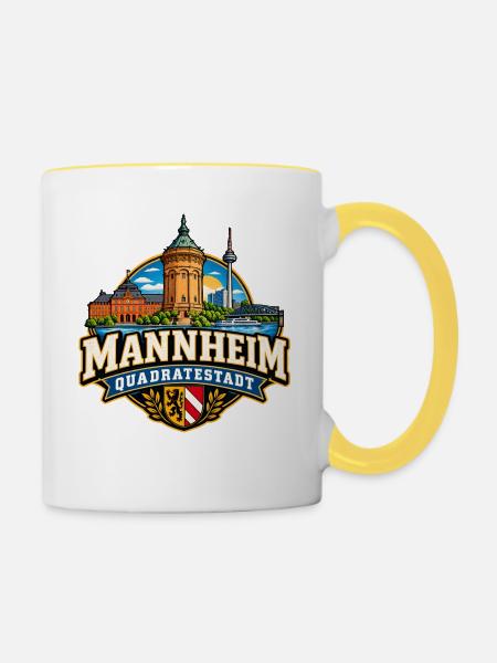 Mannheim Skyline Quadratestadt Wasserturm Schloss - Tasse zweifarbig - Weiß/Gelb