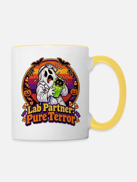 Halloween-College-Geist als Laborpartner - Tasse zweifarbig - Weiß/Gelb
