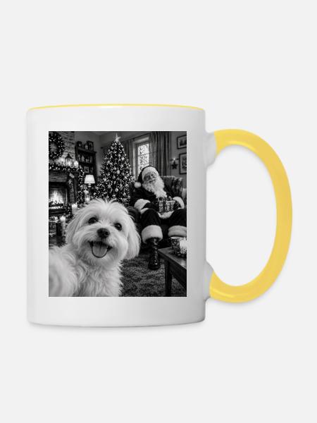 Malteser Hund Selfie Weihnachtsmann - Tasse zweifarbig - Weiß/Gelb